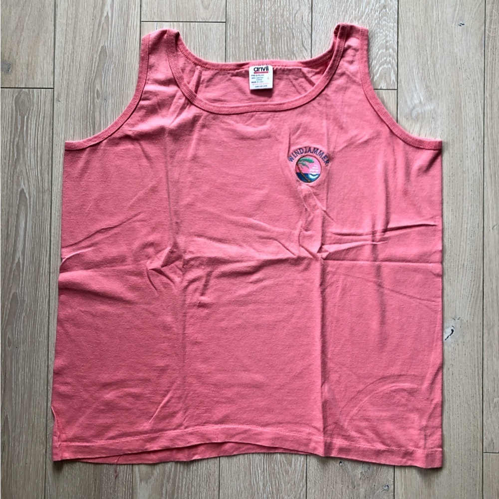 Vintage Anvil Single Stitched Wind Jammer Embroidered Tank Top in Coral Pink L